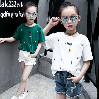 Girls short-sleeved T-shirt 2024 new summer clothes for children, middle and large children, fashionable T-shirt pullover knitted cotton sweater tops