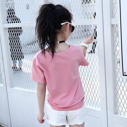 Girls short-sleeved T-shirt 2024 new summer clothes for children, middle and large children, fashionable T-shirt pullover knitted cotton sweater tops