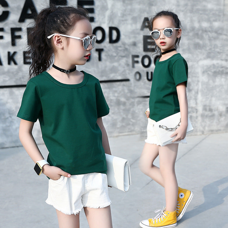 Girls short-sleeved T-shirt 2024 new summer clothes for children, middle and large children, fashionable T-shirt pullover knitted cotton sweater tops