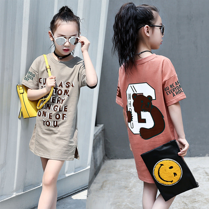 Girls short-sleeved T-shirt 2024 new summer clothes for children, middle and large children, fashionable T-shirt pullover knitted cotton sweater tops