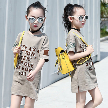 Girls short-sleeved T-shirt 2024 new summer clothes for children, middle and large children, fashionable T-shirt pullover knitted cotton sweater tops