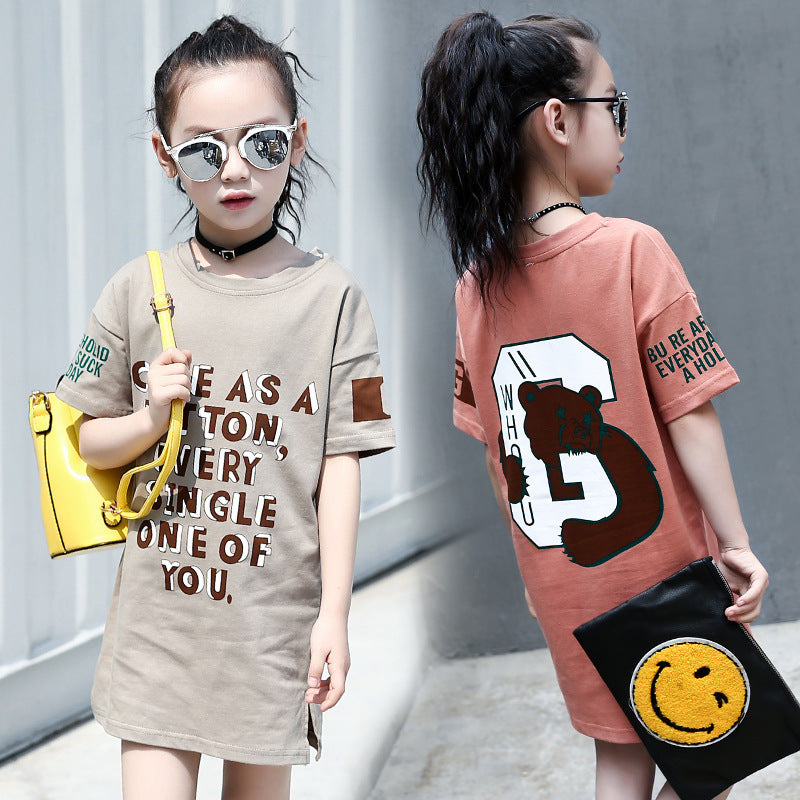 Girls short-sleeved T-shirt 2024 new summer clothes for children, middle and large children, fashionable T-shirt pullover knitted cotton sweater tops