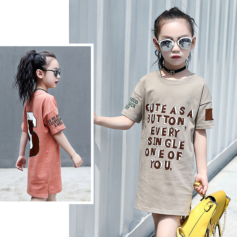 Girls short-sleeved T-shirt 2024 new summer clothes for children, middle and large children, fashionable T-shirt pullover knitted cotton sweater tops