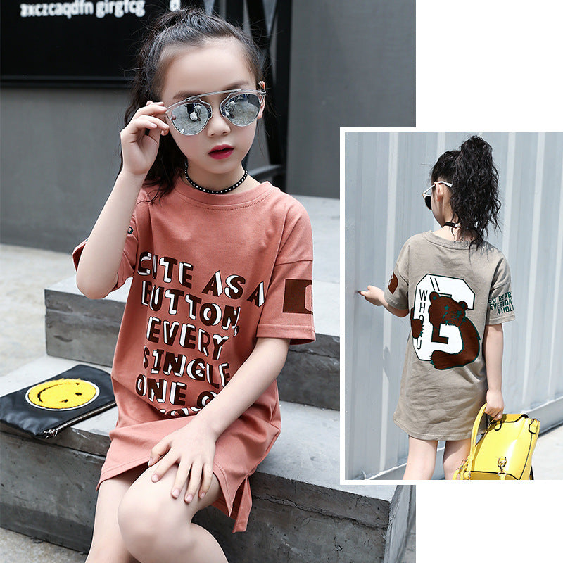 Girls short-sleeved T-shirt 2024 new summer clothes for children, middle and large children, fashionable T-shirt pullover knitted cotton sweater tops