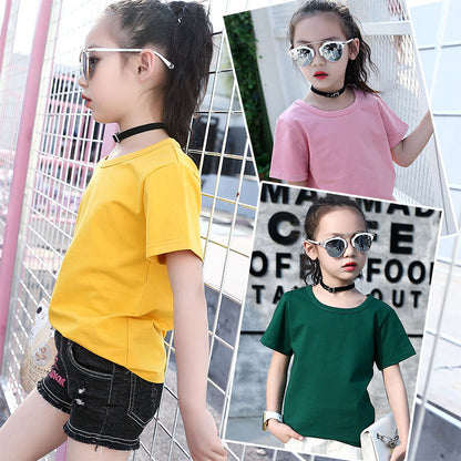 Girls short-sleeved T-shirt 2024 new summer clothes for children, middle and large children, fashionable T-shirt pullover knitted cotton sweater tops