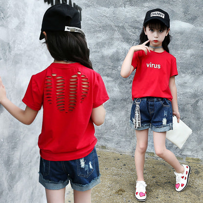 Girls short-sleeved T-shirt 2024 new summer clothes for children, middle and large children, fashionable T-shirt pullover knitted cotton sweater tops