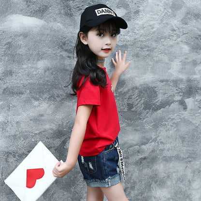 Girls short-sleeved T-shirt 2024 new summer clothes for children, middle and large children, fashionable T-shirt pullover knitted cotton sweater tops