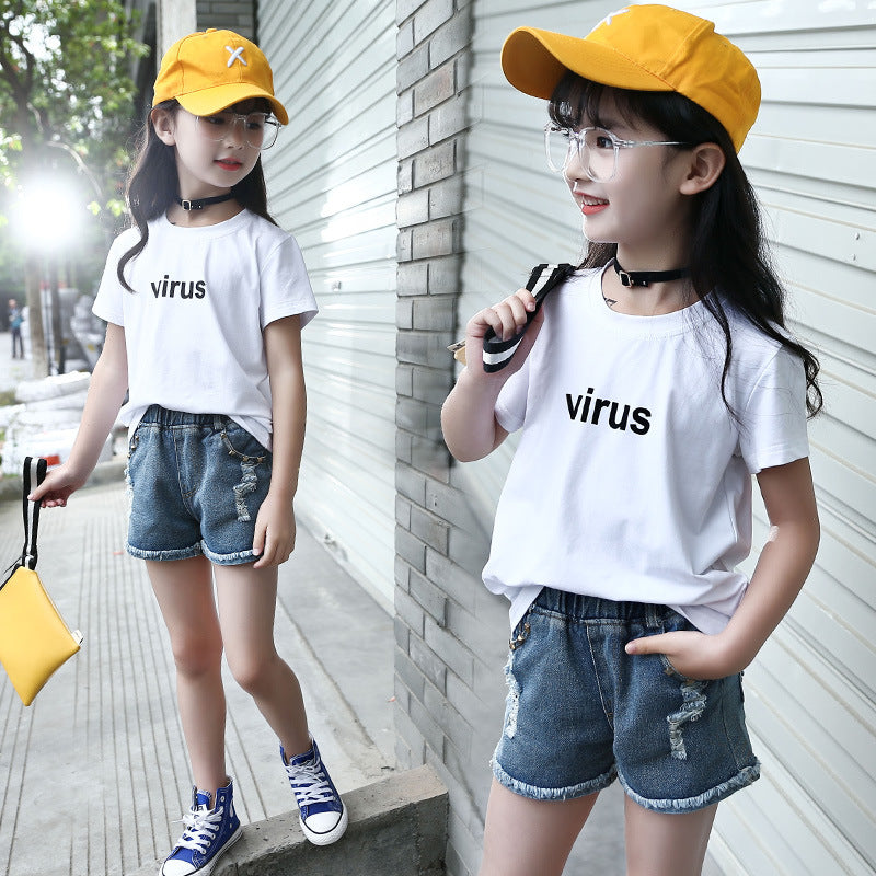 Girls short-sleeved T-shirt 2024 new summer clothes for children, middle and large children, fashionable T-shirt pullover knitted cotton sweater tops