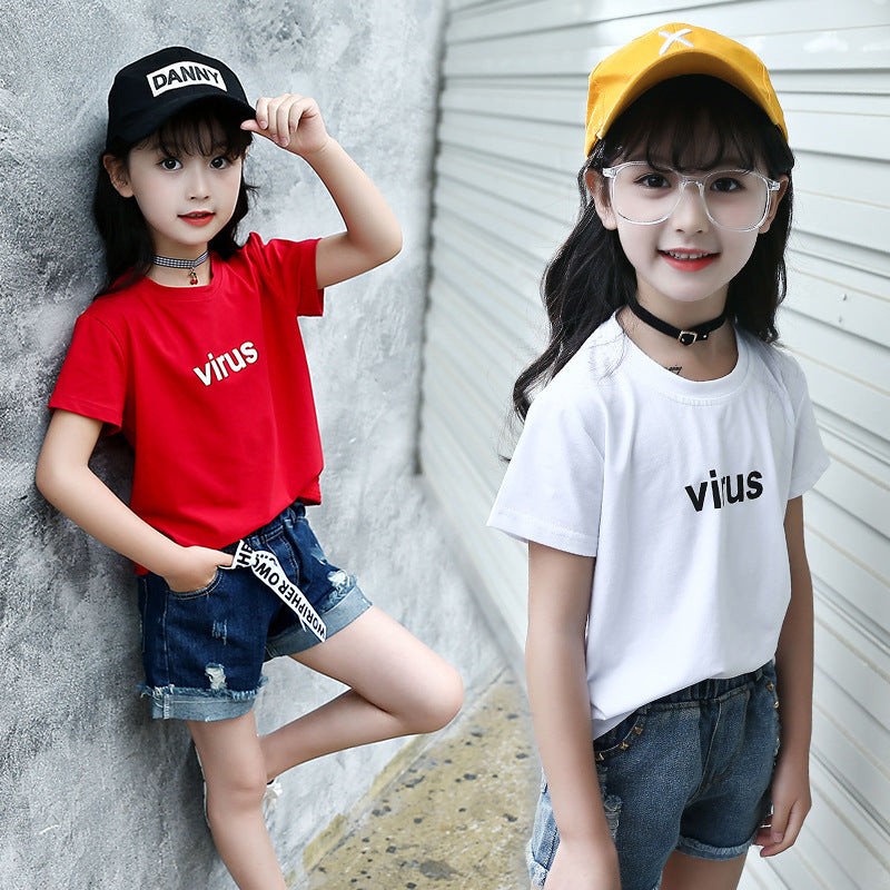 Girls short-sleeved T-shirt 2024 new summer clothes for children, middle and large children, fashionable T-shirt pullover knitted cotton sweater tops