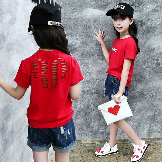 Girls short-sleeved T-shirt 2024 new summer clothes for children, middle and large children, fashionable T-shirt pullover knitted cotton sweater tops