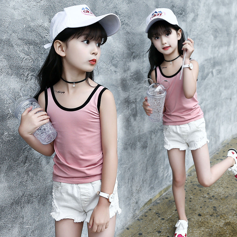 Girls vest 2024 new summer style sleeveless T-shirt for little girls, small children, medium and large children, outer wear suspender shirt trendy