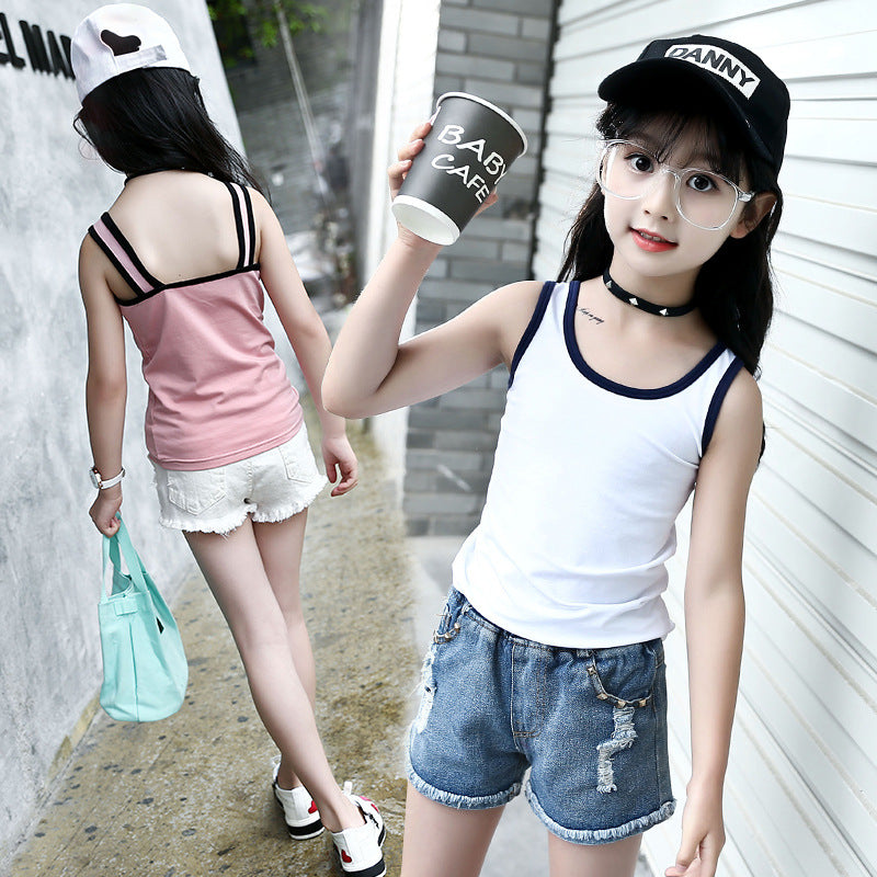 Girls vest 2024 new summer style sleeveless T-shirt for little girls, small children, medium and large children, outer wear suspender shirt trendy