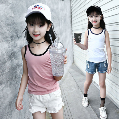 Girls vest 2024 new summer style sleeveless T-shirt for little girls, small children, medium and large children, outer wear suspender shirt trendy