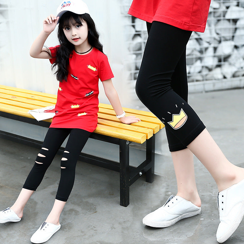 Girls pants 2024 new summer trendy children's big children's fashion leggings cotton stretch pants slim fit cropped pants