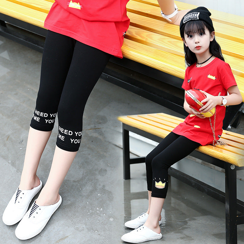 Girls pants 2024 new summer trendy children's big children's fashion leggings cotton stretch pants slim fit cropped pants