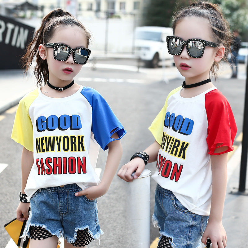 Girls short-sleeved T-shirt 2024 new summer clothes for children, middle and large children, fashionable T-shirt pullover knitted cotton sweater tops