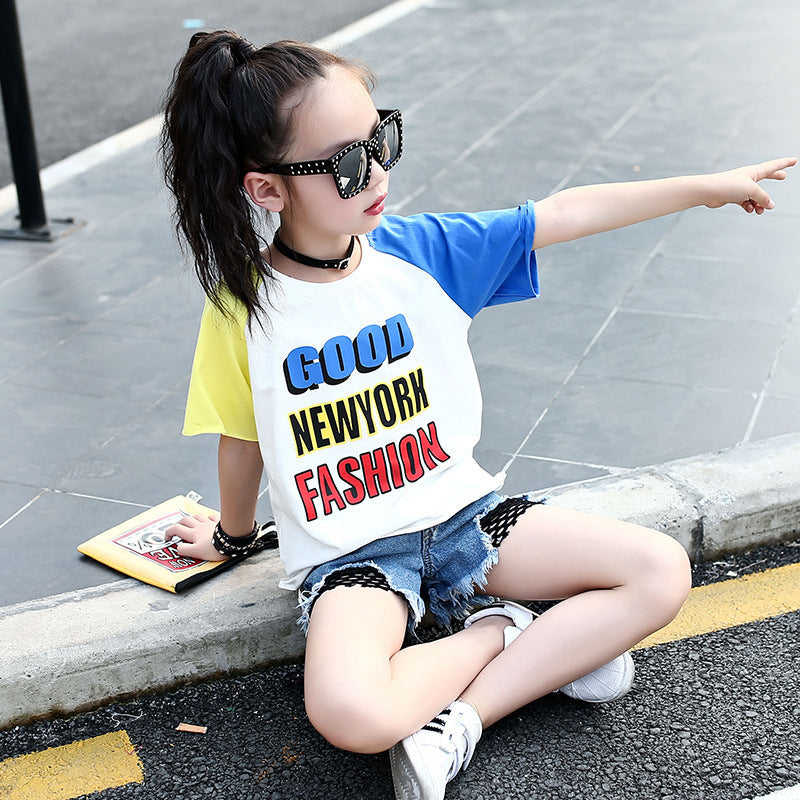 Girls short-sleeved T-shirt 2024 new summer clothes for children, middle and large children, fashionable T-shirt pullover knitted cotton sweater tops