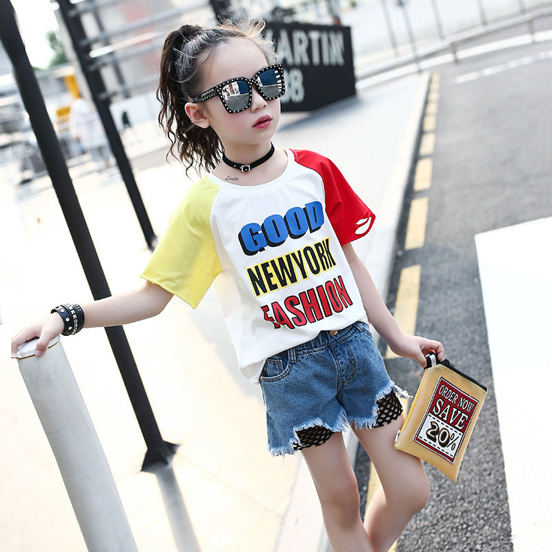 Girls short-sleeved T-shirt 2024 new summer clothes for children, middle and large children, fashionable T-shirt pullover knitted cotton sweater tops