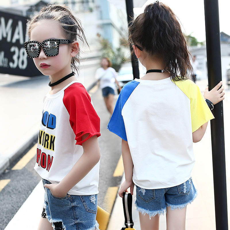 Girls short-sleeved T-shirt 2024 new summer clothes for children, middle and large children, fashionable T-shirt pullover knitted cotton sweater tops