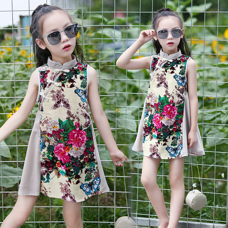 2024 new summer girls cotton and linen cheongsam loose floral retro ethnic style sleeveless dress cheongsam spring