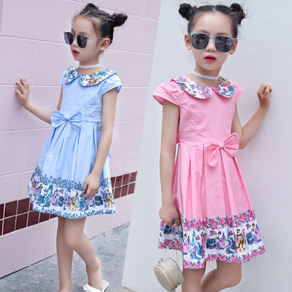 2024 New Summer Style Cartoon Doll Collar Cute Printed Lady Dress Medium and Large Children Cotton Short Sleeve Bowknot Dress