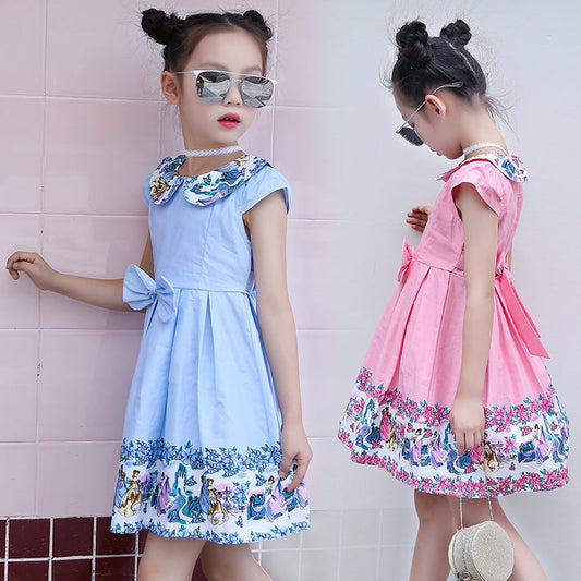 2024 New Summer Style Cartoon Doll Collar Cute Printed Lady Dress Medium and Large Children Cotton Short Sleeve Bowknot Dress