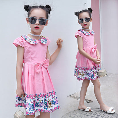 2024 New Summer Style Cartoon Doll Collar Cute Printed Lady Dress Medium and Large Children Cotton Short Sleeve Bowknot Dress