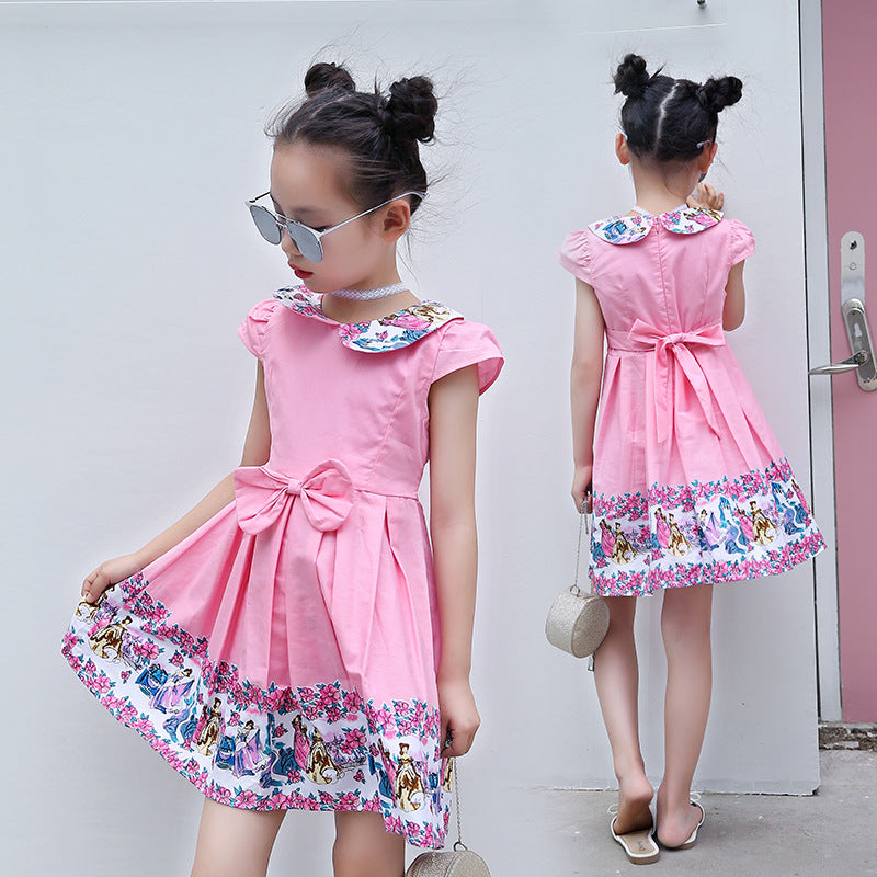 2024 New Summer Style Cartoon Doll Collar Cute Printed Lady Dress Medium and Large Children Cotton Short Sleeve Bowknot Dress