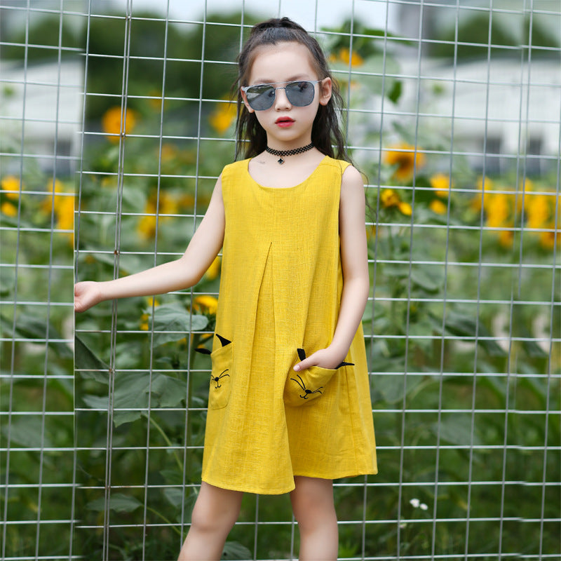 2024 New Summer Girls Sweet Cute Loose Sleeveless Nightdress for Middle and Large Children Korean Round Neck Cotton and Linen Dress