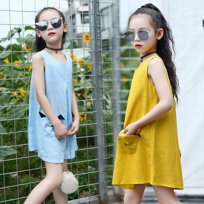 2024 New Summer Girls Sweet Cute Loose Sleeveless Nightdress for Middle and Large Children Korean Round Neck Cotton and Linen Dress