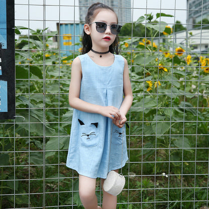 2024 New Summer Girls Sweet Cute Loose Sleeveless Nightdress for Middle and Large Children Korean Round Neck Cotton and Linen Dress