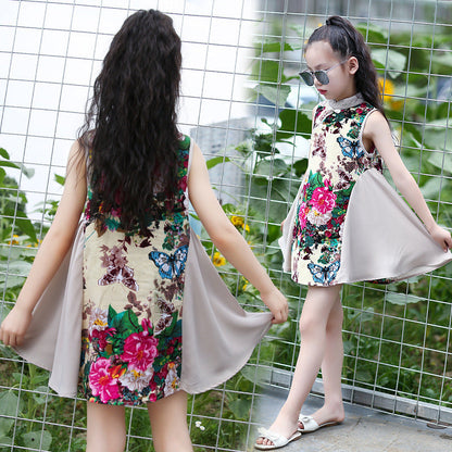 2024 new summer girls cotton and linen cheongsam loose floral retro ethnic style sleeveless dress cheongsam spring