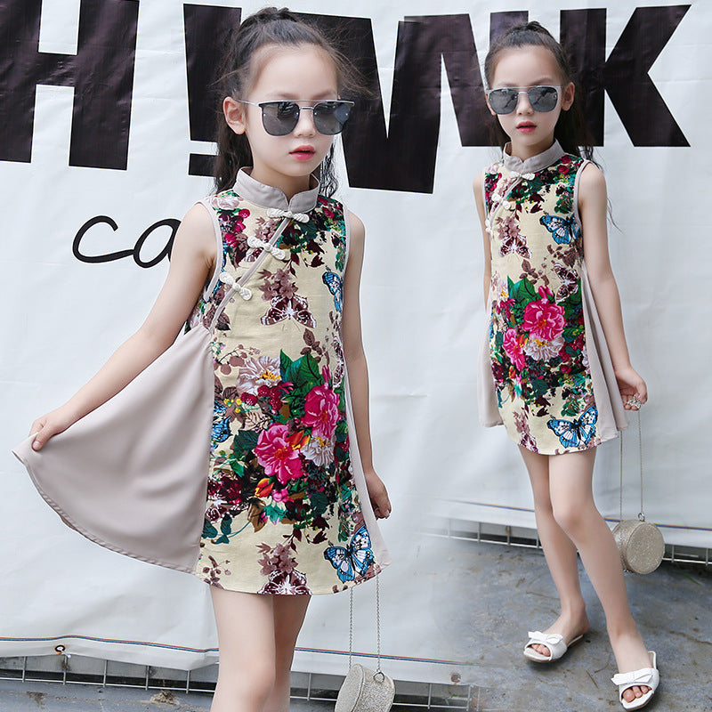 2024 new summer girls cotton and linen cheongsam loose floral retro ethnic style sleeveless dress cheongsam spring