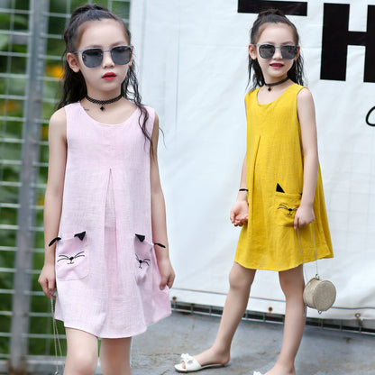 2024 New Summer Girls Sweet Cute Loose Sleeveless Nightdress for Middle and Large Children Korean Round Neck Cotton and Linen Dress