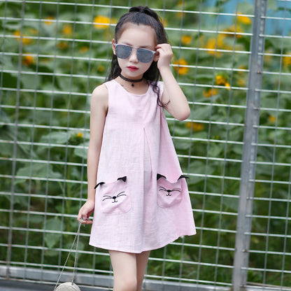 2024 New Summer Girls Sweet Cute Loose Sleeveless Nightdress for Middle and Large Children Korean Round Neck Cotton and Linen Dress