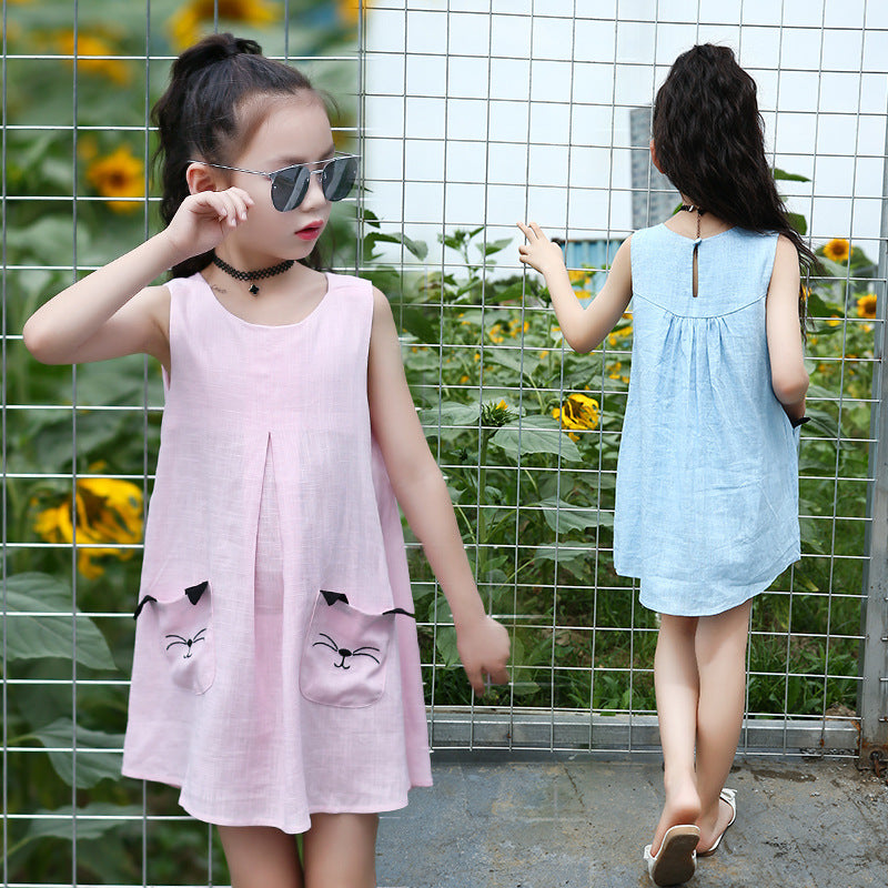 2024 New Summer Girls Sweet Cute Loose Sleeveless Nightdress for Middle and Large Children Korean Round Neck Cotton and Linen Dress