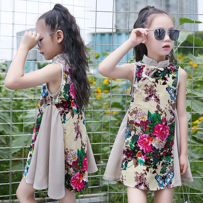 2024 new summer girls cotton and linen cheongsam loose floral retro ethnic style sleeveless dress cheongsam spring