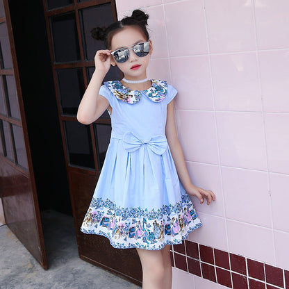 2024 New Summer Style Cartoon Doll Collar Cute Printed Lady Dress Medium and Large Children Cotton Short Sleeve Bowknot Dress