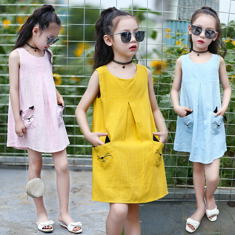 2024 New Summer Girls Sweet Cute Loose Sleeveless Nightdress for Middle and Large Children Korean Round Neck Cotton and Linen Dress