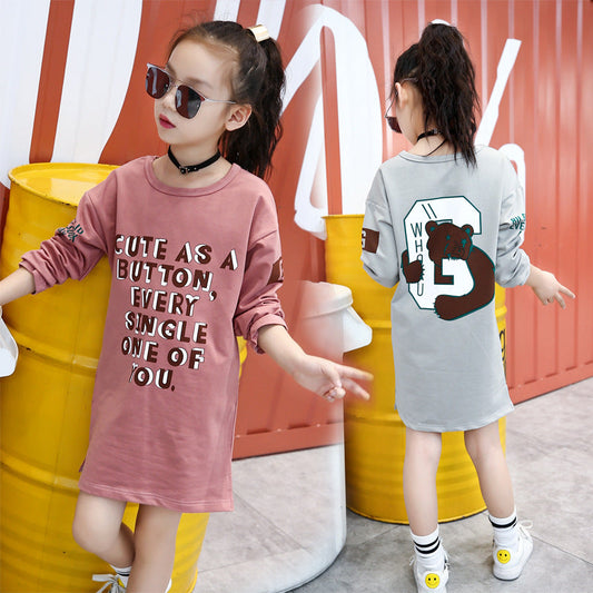 Girls long-sleeved T-shirt 2024 new spring and autumn Korean version of the middle and long cartoon prints for middle and large children's bottoming shirts spring tide