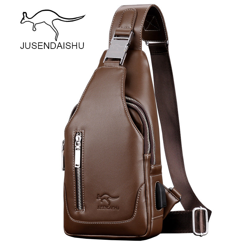 Jusen Kangaroo Men's Casual Shoulder Korean Style Men's Bag Chest Crossbody Bag Trendy Backpack Leather Chest Bag Sports Backpack