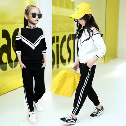 Girls suits spring and autumn 2024 new spring and autumn leisure sports children's middle and large children's fashion long-sleeved off-shoulder two-piece suits