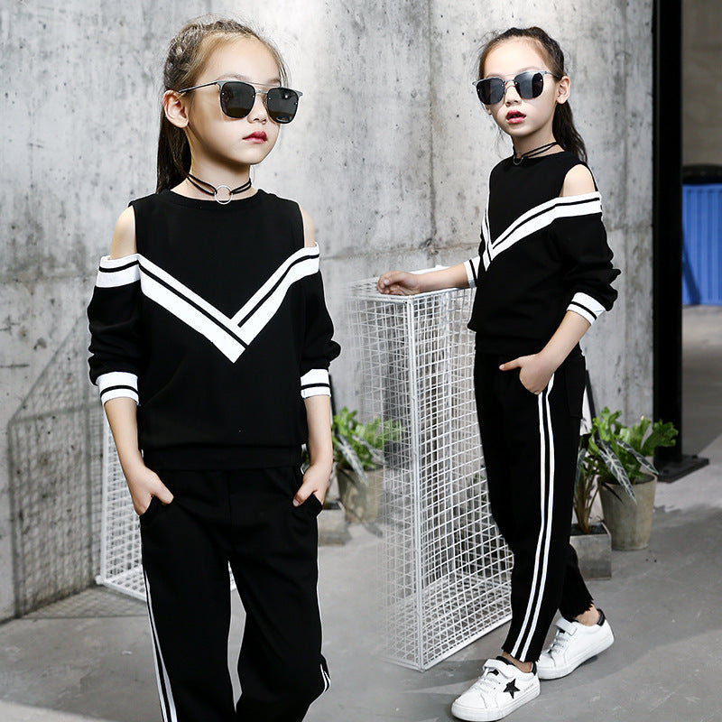 Girls suits spring and autumn 2024 new spring and autumn leisure sports children's middle and large children's fashion long-sleeved off-shoulder two-piece suits