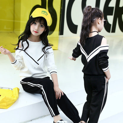 Girls suits spring and autumn 2024 new spring and autumn leisure sports children's middle and large children's fashion long-sleeved off-shoulder two-piece suits