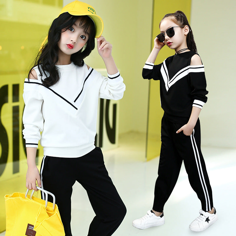 Girls suits spring and autumn 2024 new spring and autumn leisure sports children's middle and large children's fashion long-sleeved off-shoulder two-piece suits