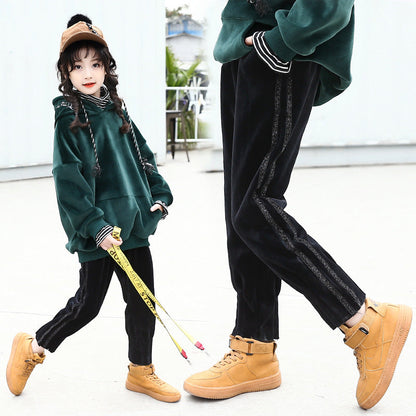 Girls' fleece pants 2024 new winter wear for small and large children's trousers, stylish girls' outer wear boots pants leggings