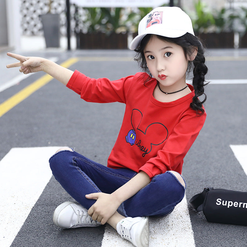 Girls long-sleeved bottoming shirt 2024 new spring and autumn cotton stylish children's pullover knitted tops T-shirts for big and small children