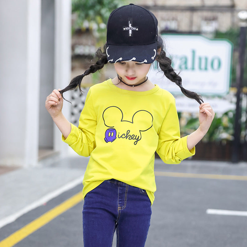 Girls long-sleeved bottoming shirt 2024 new spring and autumn cotton stylish children's pullover knitted tops T-shirts for big and small children