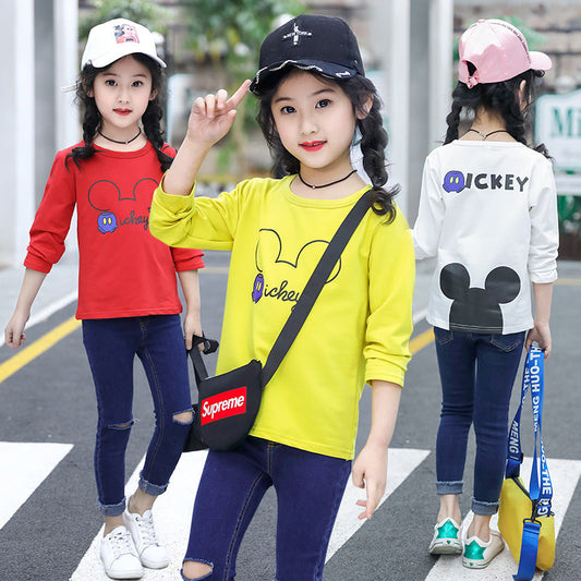 Girls long-sleeved bottoming shirt 2024 new spring and autumn cotton stylish children's pullover knitted tops T-shirts for big and small children