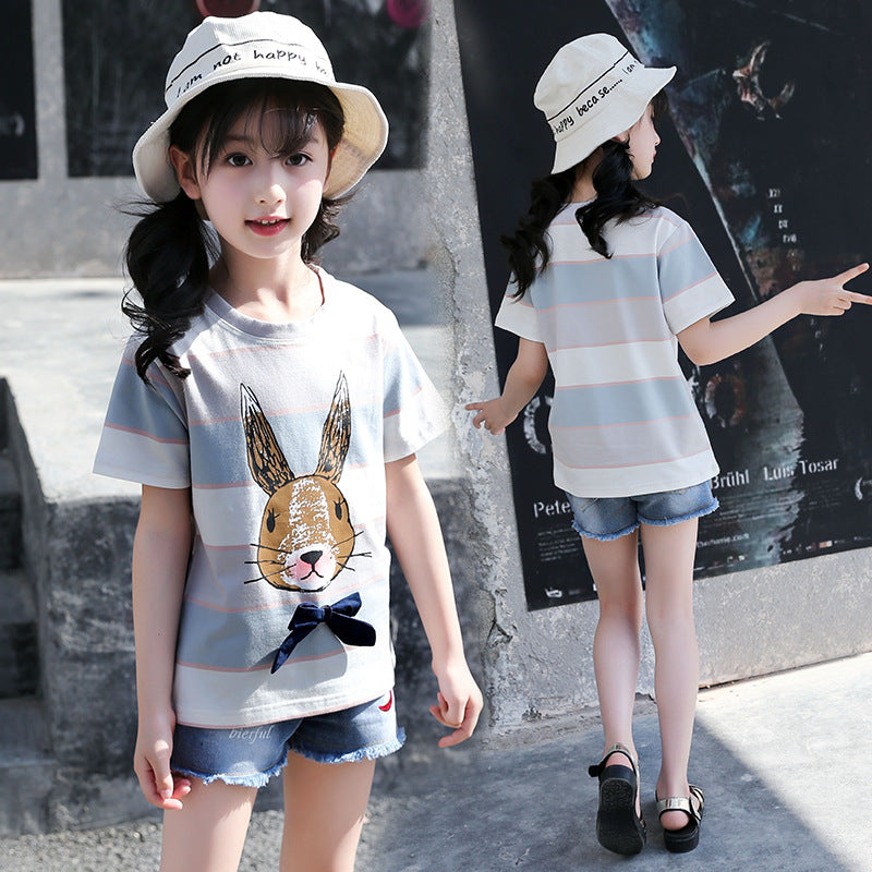 Girls short-sleeved T-shirt 2024 new summer children's casual tops pullover cotton medium and large children's striped T-shirt